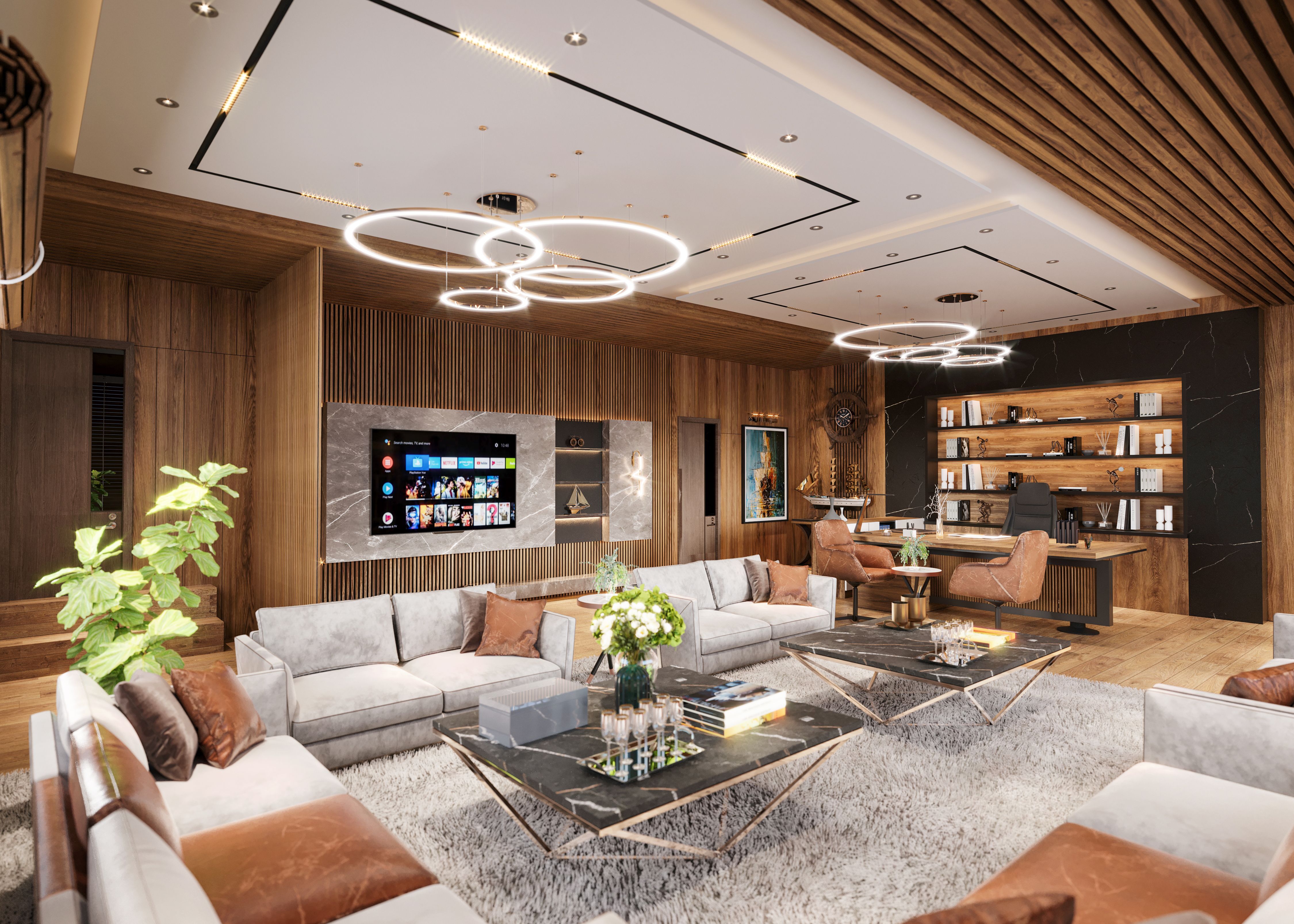 Luxury living room with warm wood panelling and designer decor by Beyond Briks