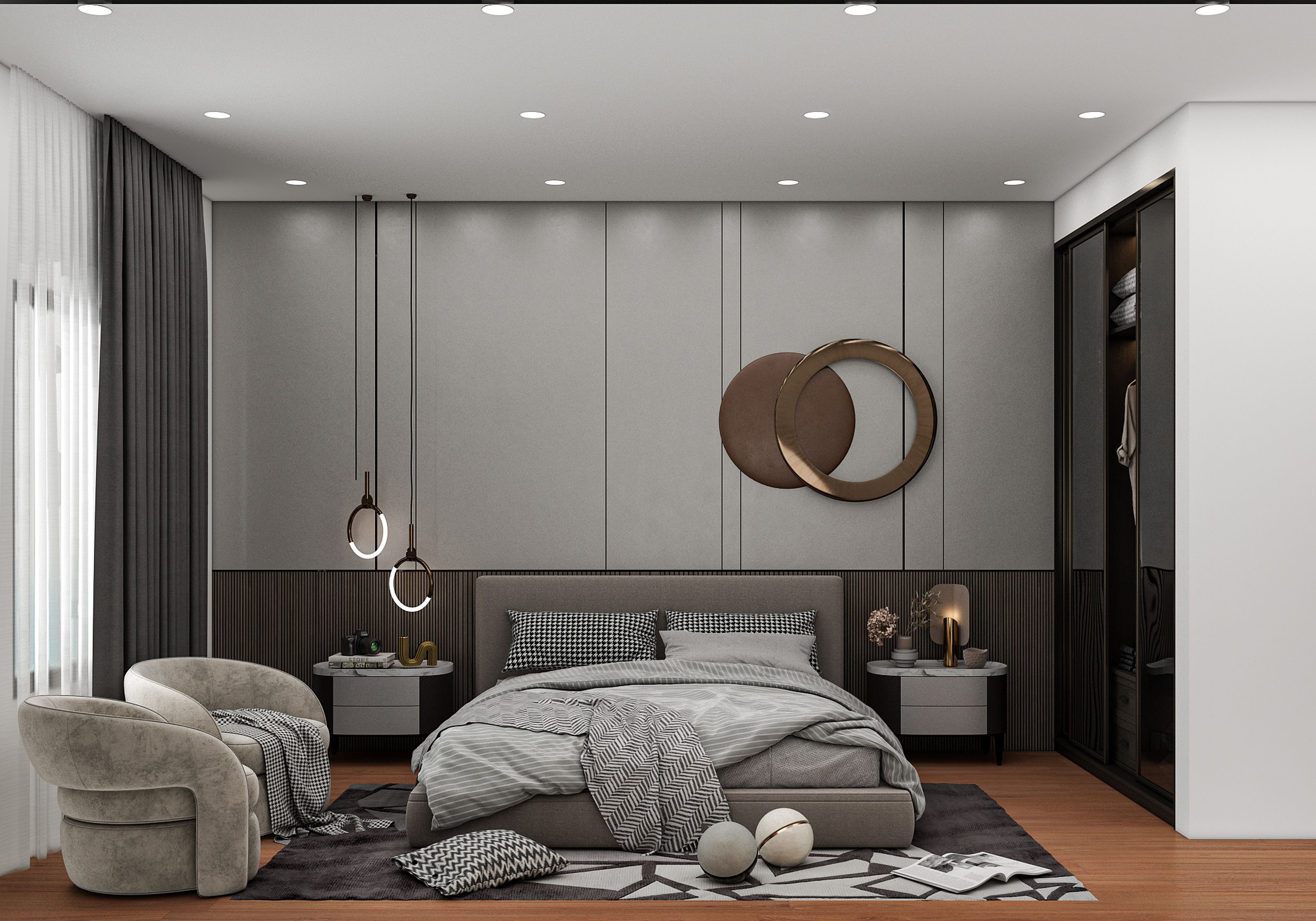 Luxury master bedroom with upholstered headboard, designer wardrobe and ambient pendant lighting by Beyond Briks