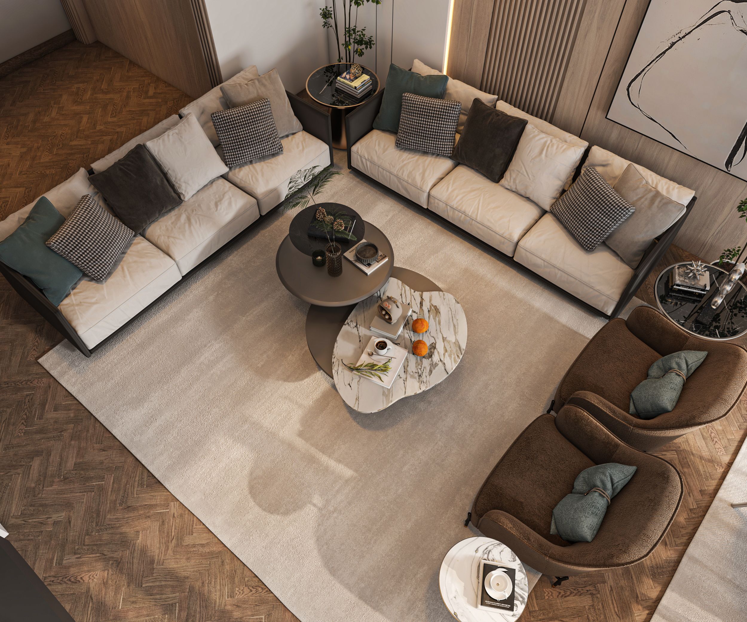Overhead view of designer living room seating and marble coffee tables by Beyond Briks