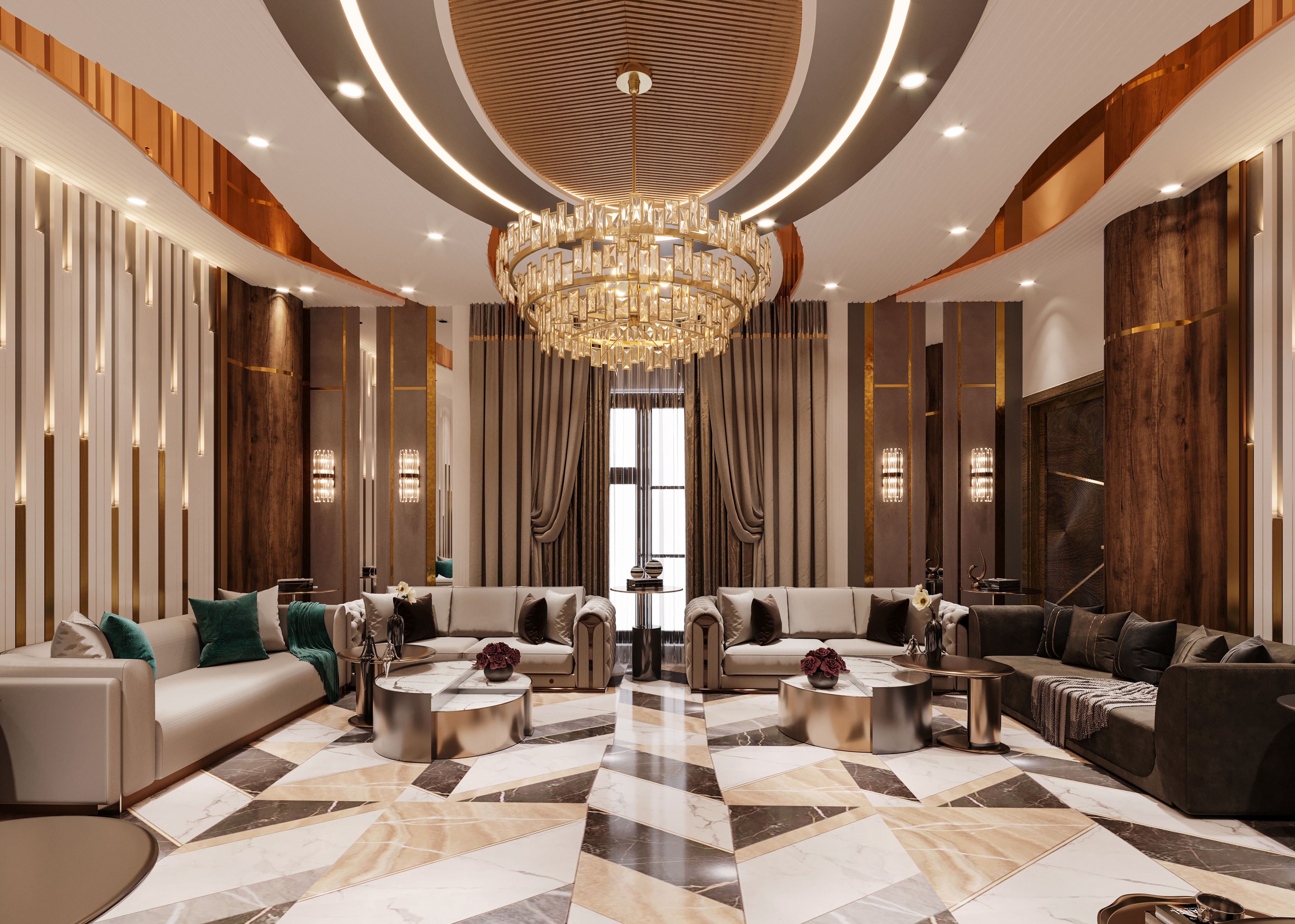 Luxury living room with crystal chandelier and designer seating by Beyond Briks